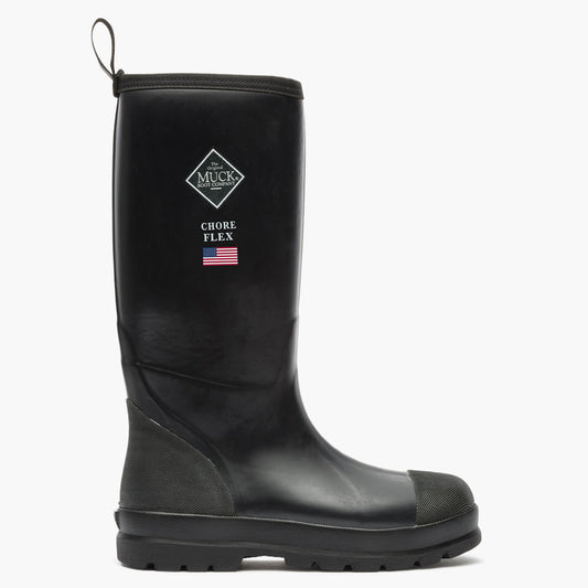 SKU: MCHHDP00 — Chore Flex Men's 15" Work Boot Image Description: Right-side view of the black rubber boot featuring the Muck Boot Company logo, shown against a grey background.