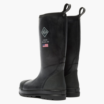 SKU: MCHSDP00 — Chore Flex Men's 15" Steel Toe Work Boot Image Description: Black rubber boot shown from a 3/4 angle against a grey background.