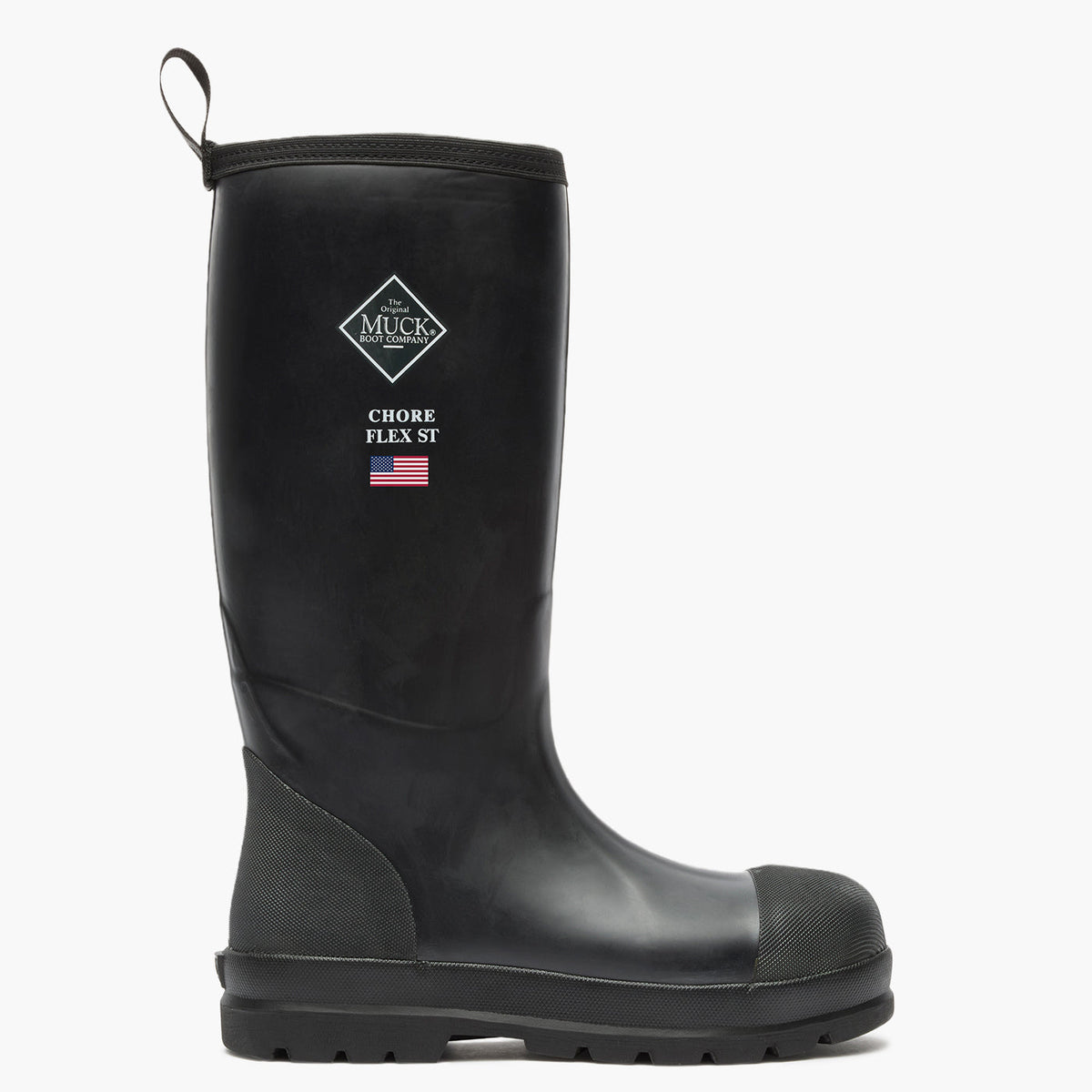 SKU: MCHSDP00 — Chore Flex Men's 15" Steel Toe Work Boot Image Description: Right-side view of the black rubber boot featuring the Muck Boot Company logo, shown against a grey background.