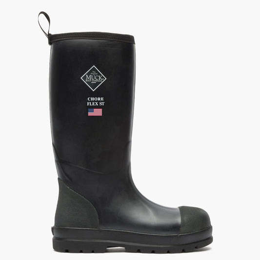 SKU: MCHSDP00 — Chore Flex Men's 15" Steel Toe Work Boot Image Description: Right-side view of the black rubber boot featuring the Muck Boot Company logo, shown against a grey background.