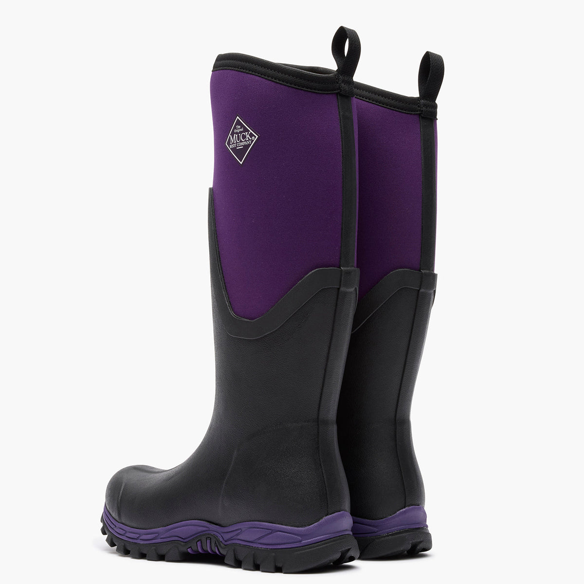 Pair of black and purple boots on a white background