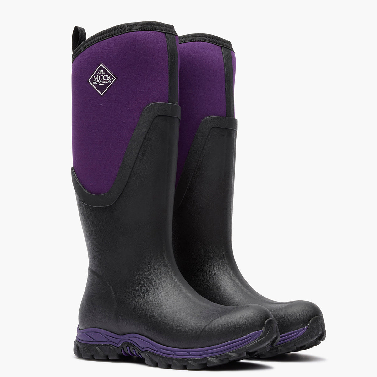 Black rubber boots with purple accents on a white background