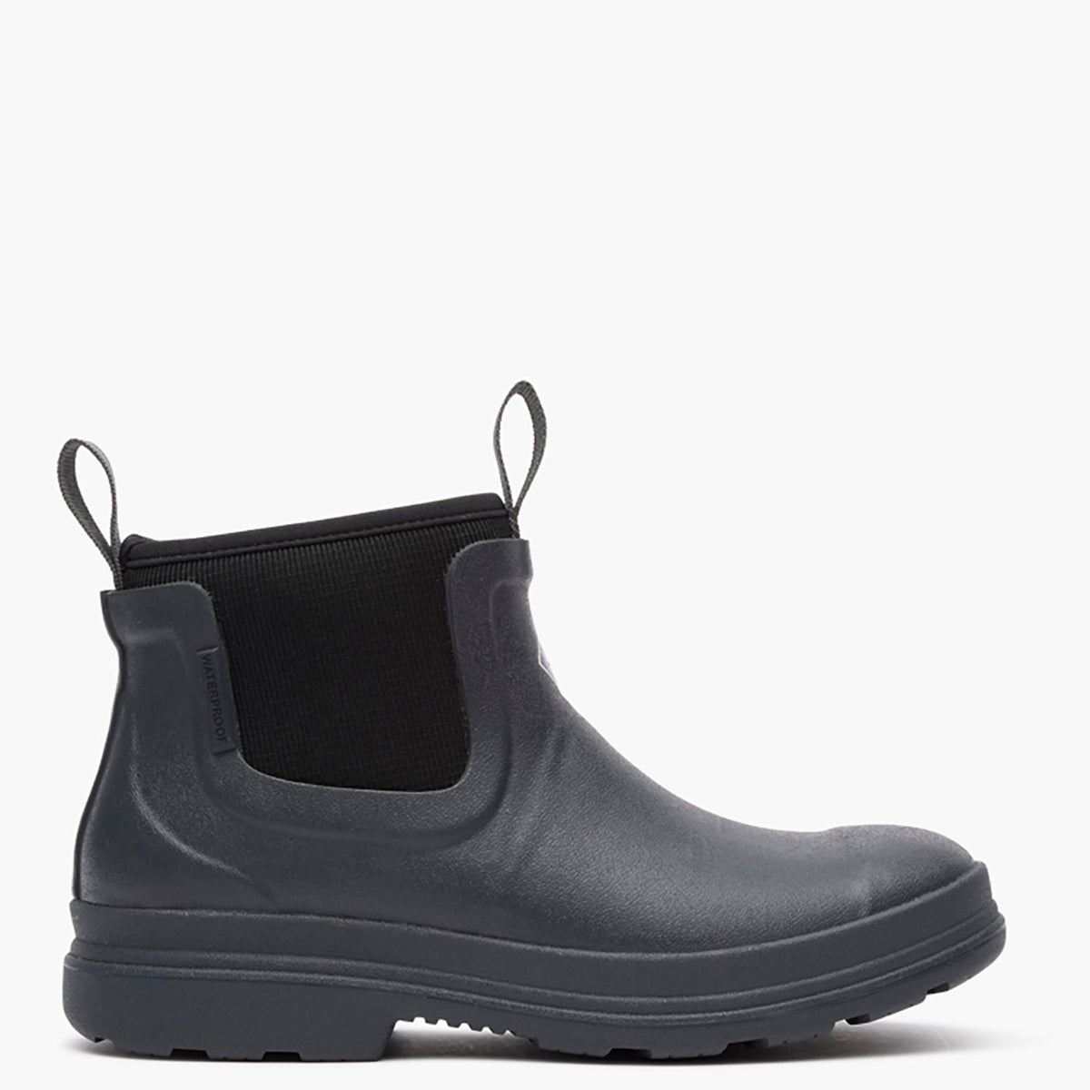 Black rubber boot with elastic side panels on a white background