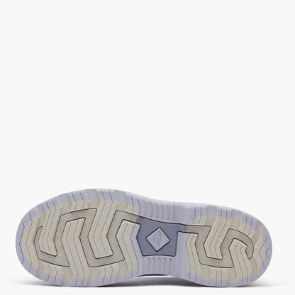 Close-up of a shoe sole with tread pattern on a white background