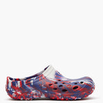 Colorful clog shoe with a pattern on a white background