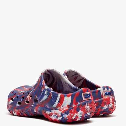 Pair of red, white, and blue patterned clogs on a white background