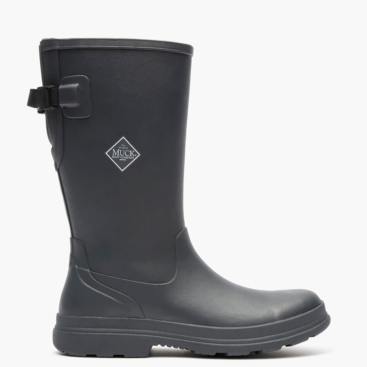 Gray rubber boot with a buckle on a white background