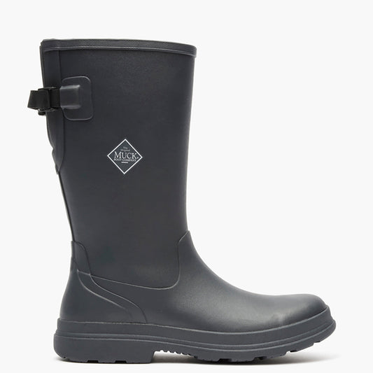 Gray rubber boot with a buckle on a white background