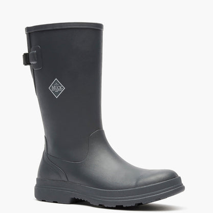 Black rain boot with a visible brand logo on a white background