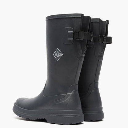 Black rubber boots with a visible brand logo on a white background