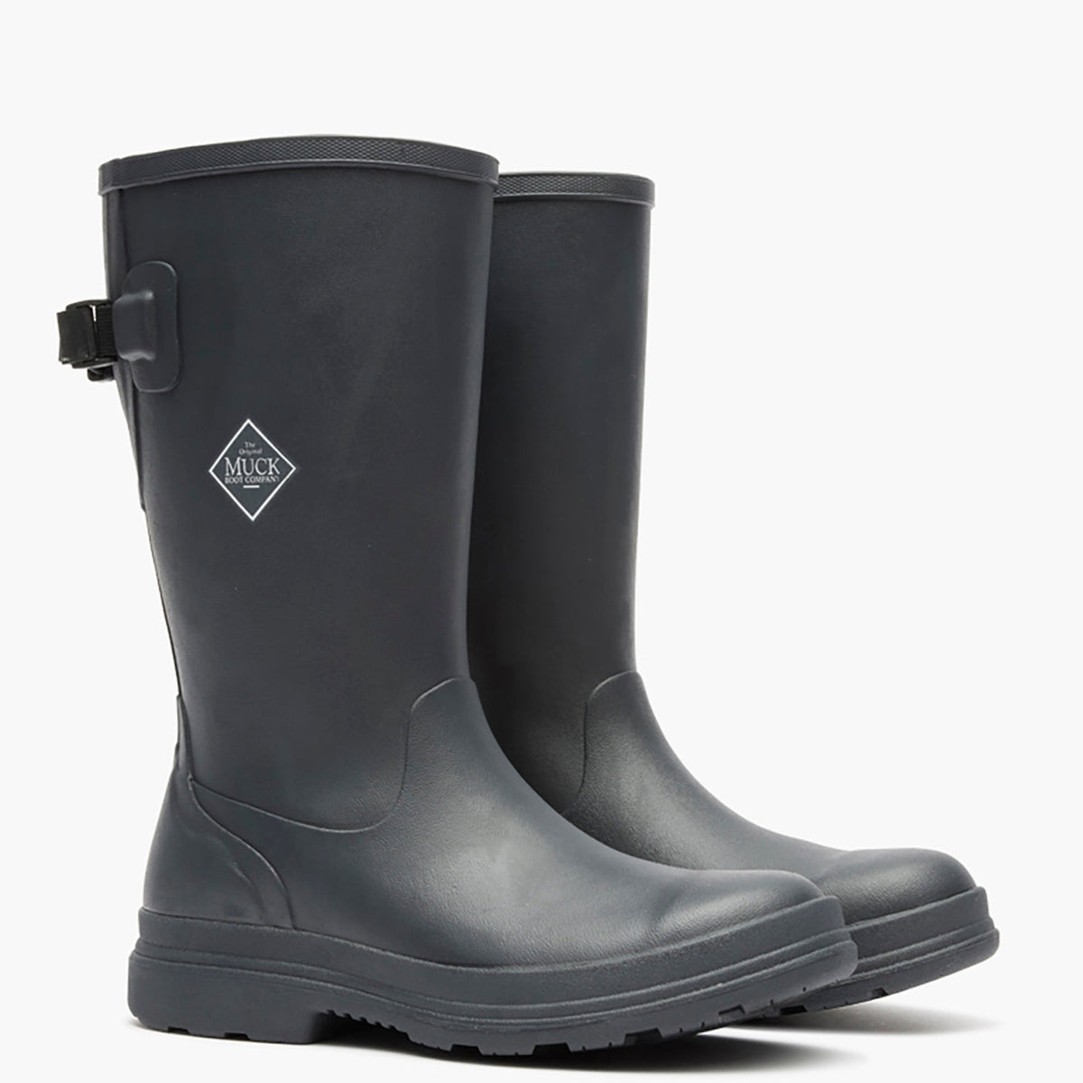 Pair of black rubber boots with a visible brand logo on a white background