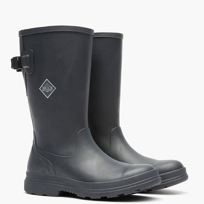 Pair of black rubber boots with a visible brand logo on a white background