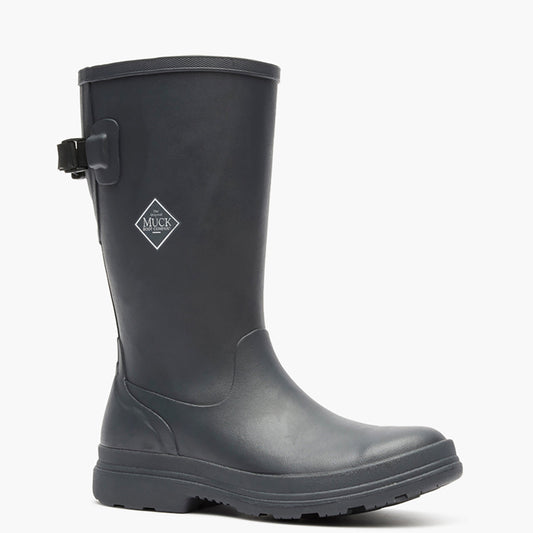 Black rubber boot with a visible brand logo on a white background