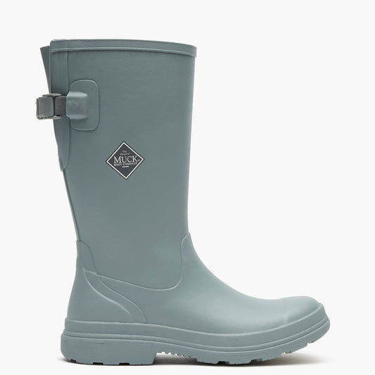 Gray rain boot with a visible brand logo on a white background