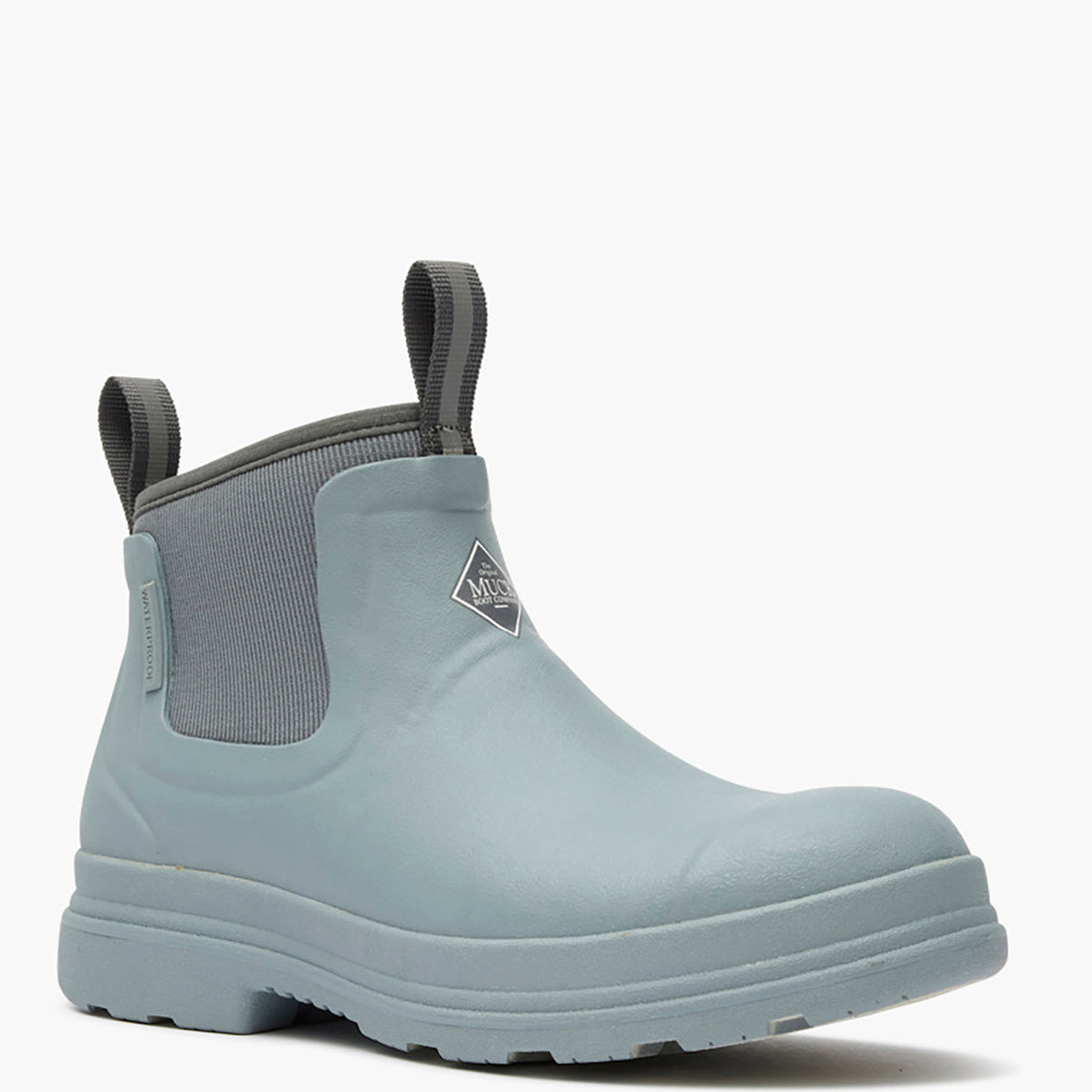 Light blue rubber boot with gray accents on a white background