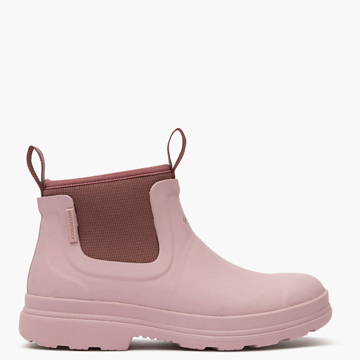 Pink rain boot with brown accents on a white background